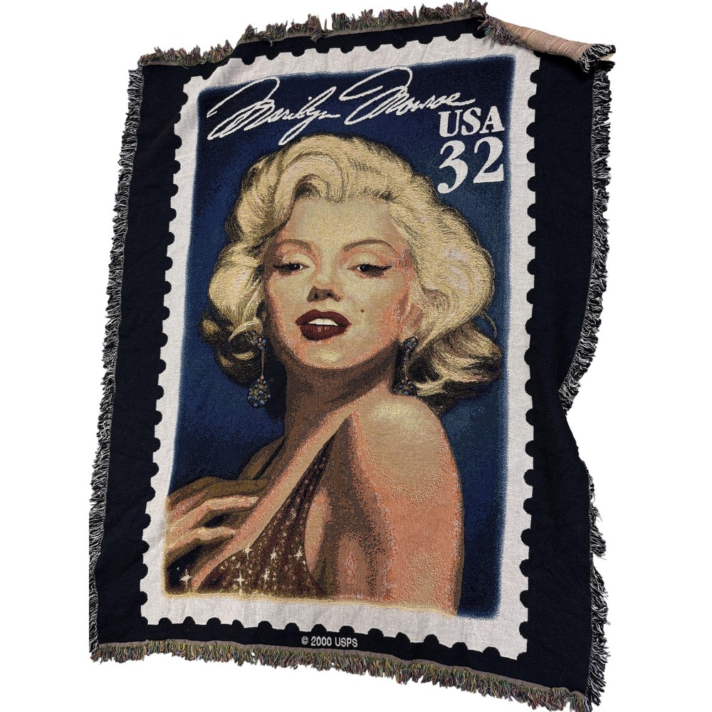 USPS Throw Blanket 50x60 Marilyn Monroe 32c Stamp Woven Cotton Multicolor Fringe